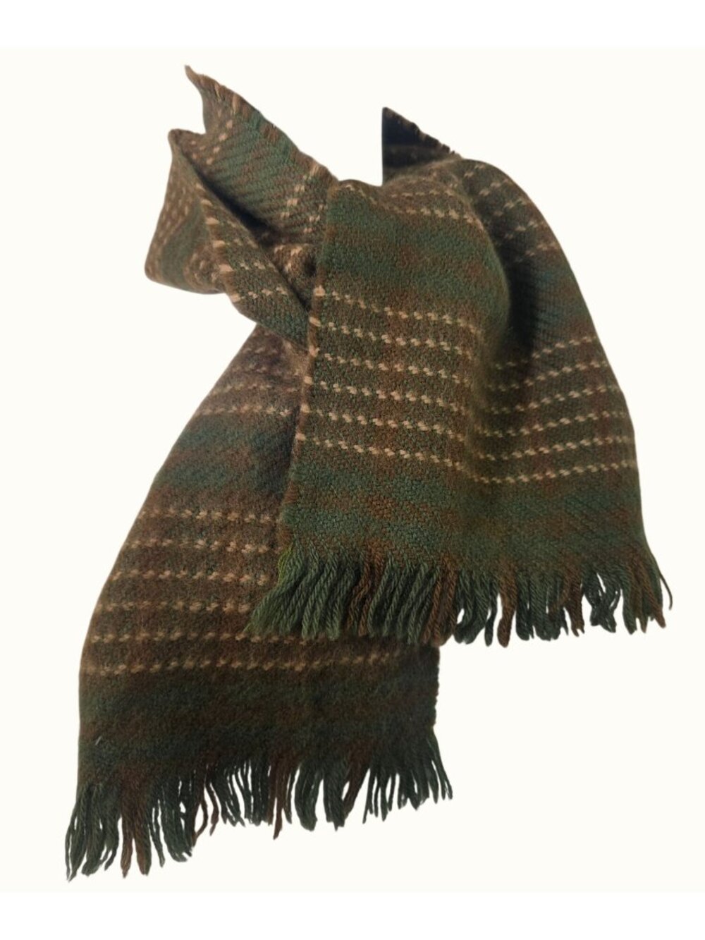 Vintage Handmade Heavy Wool Woven Wrap Shawl Green Stripe Fringed 52x10.5 Unisex